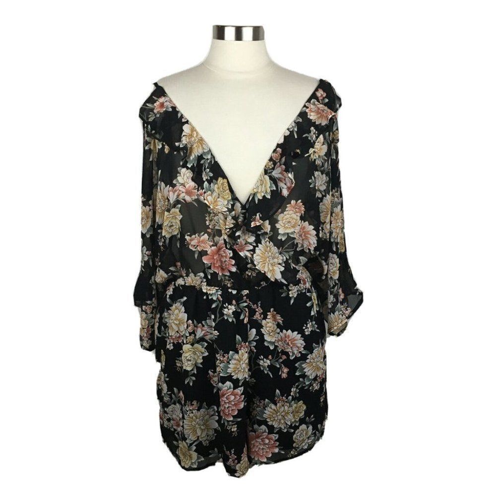 Forever 21 XL Women New Black Floral Romper Semi Sheer Shorts V Neck Polyester